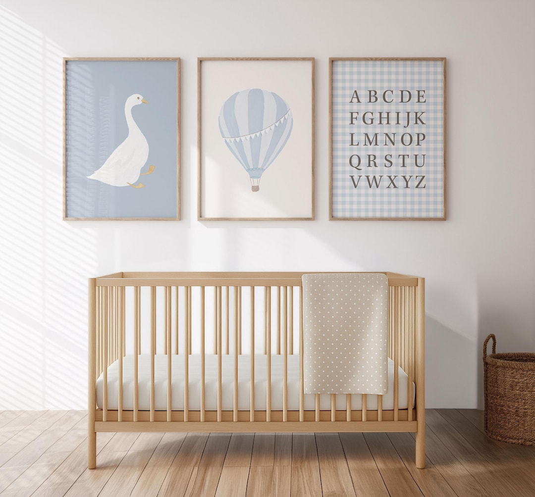 Set of 3 Blue Nursery Prints: Silly Goose, Vintage Hot Air Balloon ...