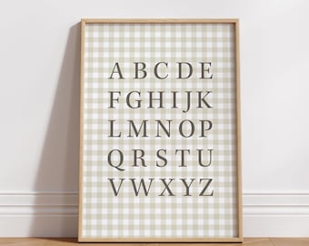 Sage Green Gingham Alphabet Print: Vintage ABC Nursery Decor (Digital Download)