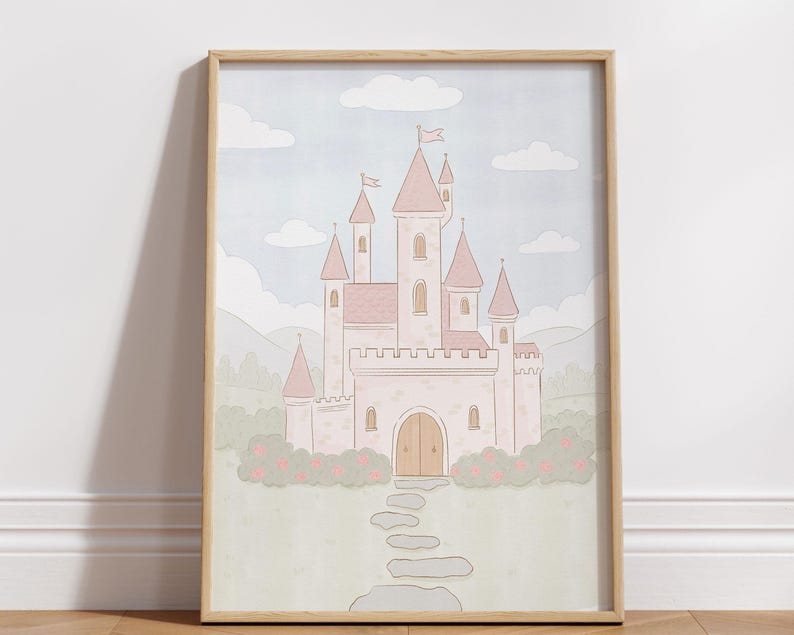 May include: A framed illustration of a pink castle with multiple turrets, flags, and a stone pathway leading to the arched wooden door. The castle is set against a light blue sky with white clouds and green hills.
