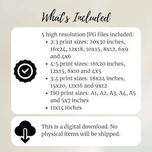 May include: A digital download graphic with the text "What's Included" and a list of print sizes in inches, including 20x30, 16x24, and 18x24. The image also states that it is a digital download and no physical items will be shipped.
