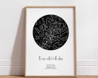 May include: A framed vertical print featuring a black circular star map on a white background. Below the map, the text reads: It was written in the stars, Emily & Jacob, January 12, 2024, Philadelphia, PA, 39°57'N, 75°9'49"W in black font.