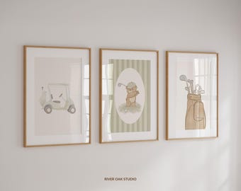 Láminas de golf para guardería, carrito de golf vintage verde salvia, osito de peluche (descarga digital)