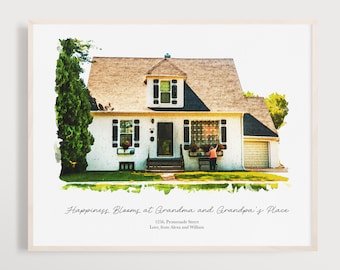 Custom Watercolor House Portrait From Photo Digital Download, our happy place personalized gift to grandparents from grandkids