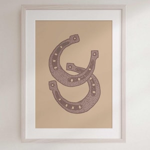 Impresión imprimible de herraduras para decoración ecuestre de vaqueros del oeste, arte de pared vintage neutro para habitación infantil y guardería, descarga digital.