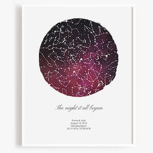 Regalo di San Valentino per lui per lei per moglie marito fidanzato fidanzata, mappa stellare delle costellazioni del cielo notturno personalizzata per data rosa viola