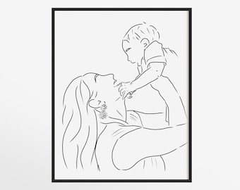 first mother's day gift, custom line drawing portrait from photo, personalized mother and daughter or mother and son hand drawn illustration