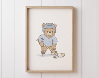 Hockey Teddy Bear Wall Art: Blue Sports Nursery Print (Digital Download)