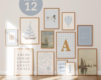 Láminas de arte náutico azul para bebé niño: Conjunto de arte de pared de galería de aventuras vintage para guardería