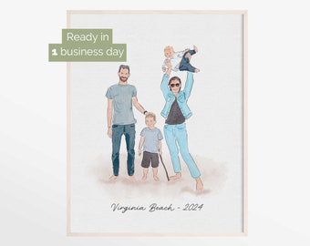 Watercolor Family Portrait from photo, custom vacation keepsake souvenir, last minute mothers day or fathers day gift digital download