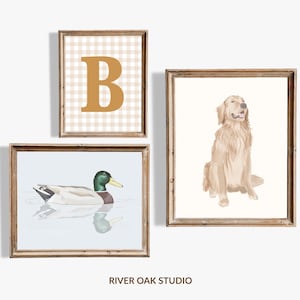 Duck and Dog Nursery Gallery Wall Art Set of 3 with Gingham Initial Sign, Vintage Mallard Duck Golden Retriever toddler boy room decor