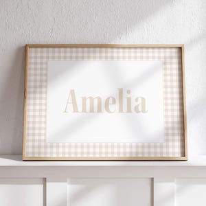 Gingham Baby Name Print for Nursery Decor, Custom Wall Art for Girls and Boys, Personalized gender neutral beige Vintage Preppy Kids Sign
