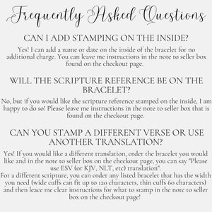 May include: White background with the text "Frequently Asked Questions" in elegant script. The text answers questions about bracelet customization, including stamping names, dates, scripture references, and translations. Instructions are provided.