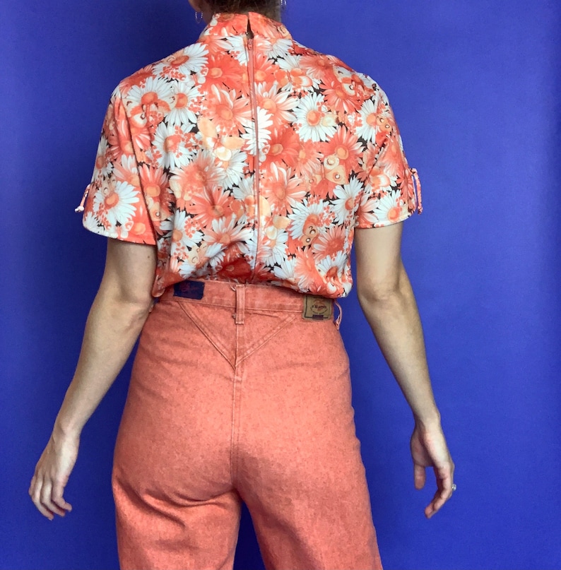 70/'s Orange Flower Butterfly Print Polyester Blouse ML