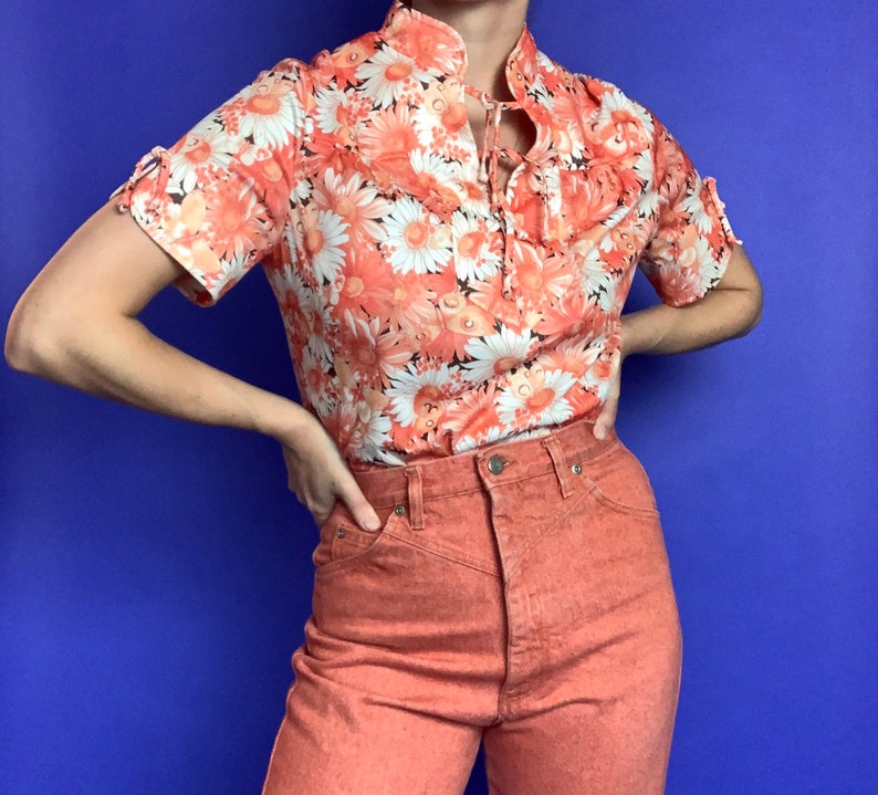 70/'s Orange Flower Butterfly Print Polyester Blouse ML