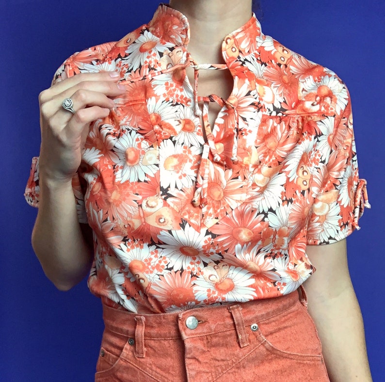 70/'s Orange Flower Butterfly Print Polyester Blouse ML