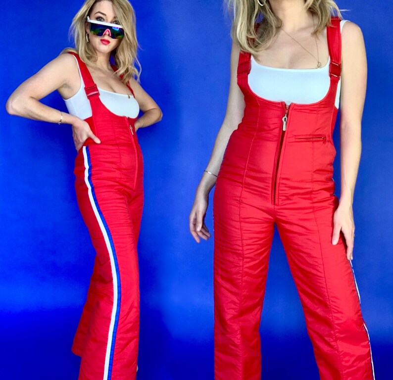 80s Red Ossi Skiwear Ski Overall Jumpsuit w Front Zipper SM