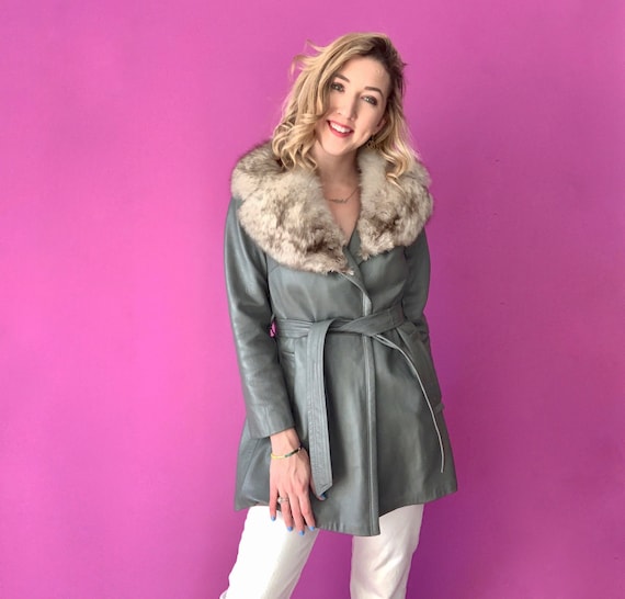 S | 60's Gray Leather Coat with Rabbit Fur Collar