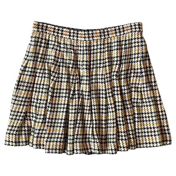 30" | 90's Vintage Yellow Houndstooth Plaid Pleated Mini Skirt GIANNI