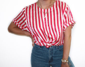 XL | 90's Pink and White Striped Silk Short Sleeve Blouse