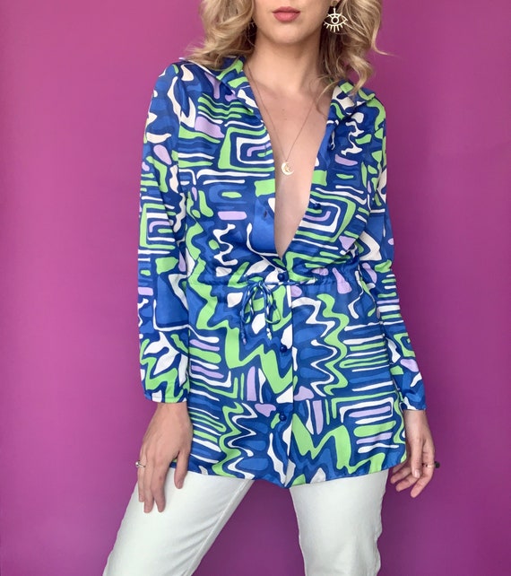 M | 70's Cole of California Blue and Green Psyched