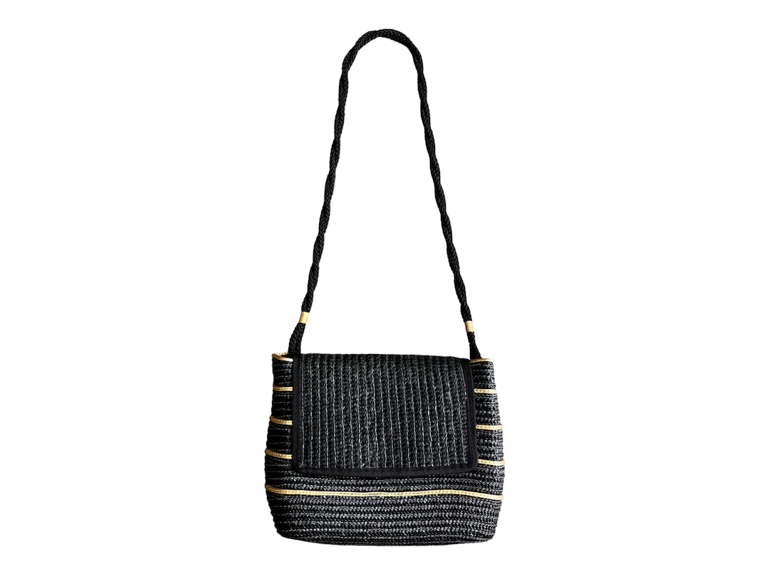 Vintage Black and Gold Striped Woven Straw Purse Etsy