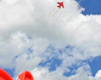 Kite Photography Print, Red Kite Print, Kite Flying Photograph, print for kids room, Kite in the clouds picture, Blue sky - Kite String