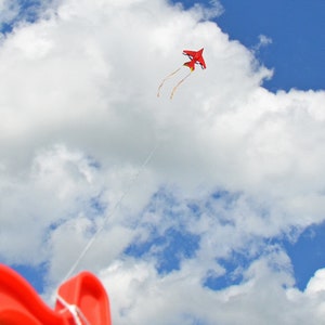 Kite Photography Print, Red Kite Print, Kite Flying Photograph, print for kids room, Kite in the clouds picture, Blue sky - Kite String