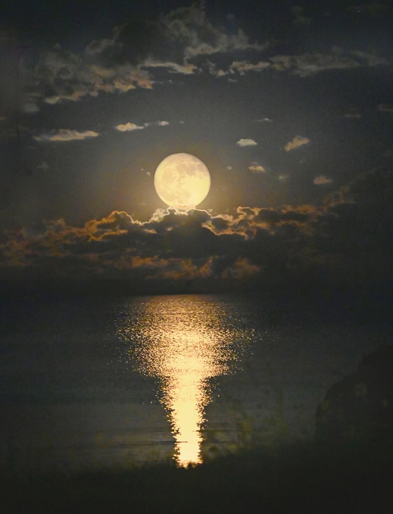 Moon Over Lake Print Moon Photograph Moon Rising Over Lake Etsy