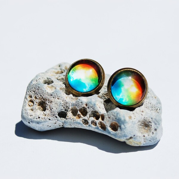 Sunset glass cabochon on antique bronze plated posts