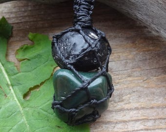 Apache Tears & Obsidian Bloodstone Necklace, macrame stone pendant