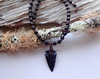 Idée cadeau collier tourmaline noire et obsidienne pointe de flèche / collier de protection