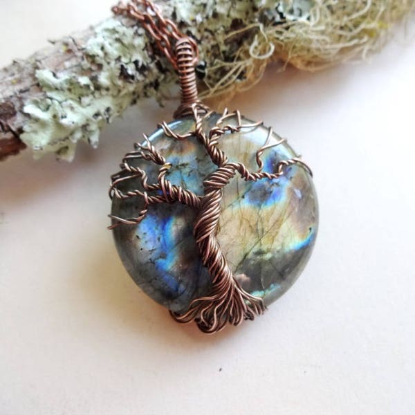 Labradorite Necklace wire wrapped Tree of Life wrap stone Labradorite wrap stone necklace Gemstone Pendants Protection Necklace round stone