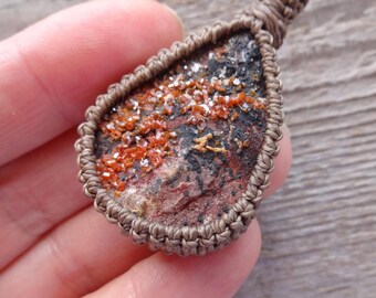 Red Vanadinite crystal necklace, Gemstone Pendants, raw minerals in Jewelry, rough crystal macrame pendant