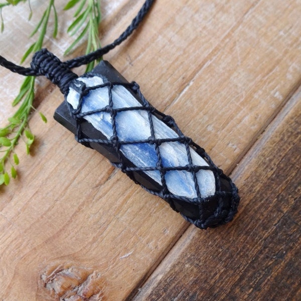 Black Tourmaline and Blue Kyanite pendant /Healing Crystal Necklaces