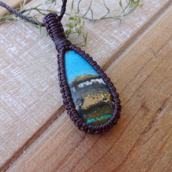 Indonesian Blue Opalized Wood macrame pendant, Fossil stone macrame necklace, Petrified Wood pendant necklace, protection grounding stone