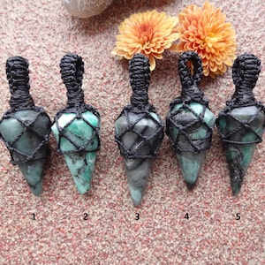 Brazil natural Raw Emerald Necklace, Green Emerald Macrame Pendant, Cone Shape, Calming Healing Stones, Gift for Him Her