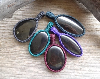 Shungite macrame necklace, black stone pendant, Mens jewelry