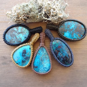 Blue Azurite/Chrysocolla/Shattuckite Necklace, gemstone pendants, gift for coworker, Blue Chakra stone macrame jewelry healing stone pendant