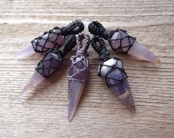 Indonesian Purple Chalcedony macrame necklace, purple crystal macrame pendant, everyday gemstone pendants, gift for him her
