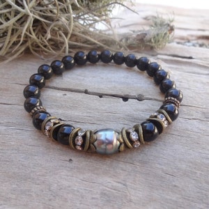 Shungite en Zwarte Toermalijn strass armband voor elke dag / kralen armband met parel
