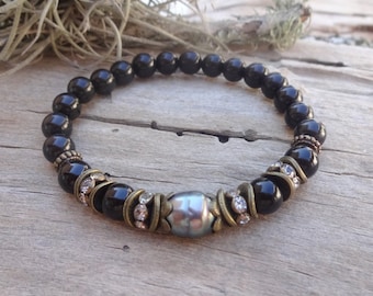 Shungite and Black Tourmaline rhinestones bracelet for every day / beaded bracelet with pearl