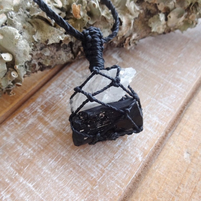 Black Tourmaline and  Natrolite necklace  high energy spiritual crystal