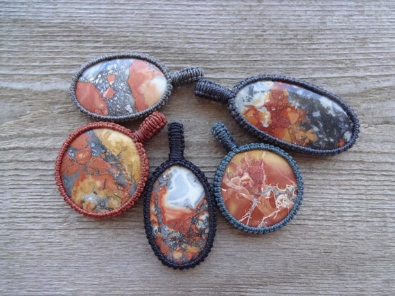 Indonesian Maligano Jasper necklace, grounding protection stone necklace, round gemstone pendants, Jasper pendant, stone macrame necklace