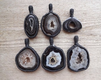 Window Druzy, Black Agate necklace, macrame pendant, druzy agate necklace, geode pendant, mens necklace