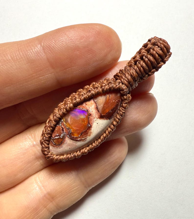 Mexican Fire Opal Macrame Pendant Necklace 3