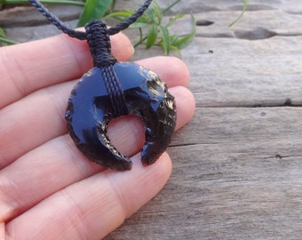 Black Obsidian Crescent Moon macrame necklace / grounding necklace