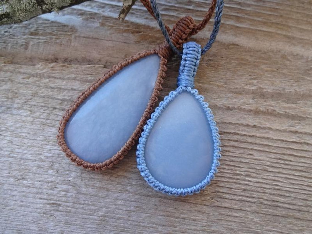 Blue Angelite Macrame Necklace, Throat Chakra Jewelry, Angel Stone Amulet, Gemstone Pendants
