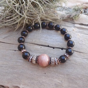 Sunstone and Shungite beaded stretch bracelet