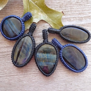 Blue Tiger Eye pendant necklace, success Good Fortune stone, macrame pendant for him, Dad, husband