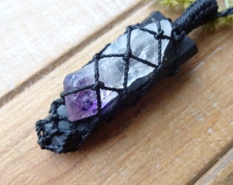 Black Tourmaline Macrame Necklace / Amethyst Crystal Pendant Necklace / Handmade Harmony Balance Stone Jewelry